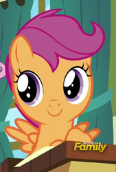 Size: 280x413 | Tagged: safe, screencap, scootaloo, pegasus, pony, g4, the cart before the ponies, cute, discovery family logo, female, filly, foal, school desk, solo