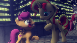 Size: 1920x1080 | Tagged: safe, artist:shadamyfan4evers, roseluck, scootaloo, sunset shimmer, pony, unicorn, g4, 3d, crack shipping, female, filly, flower, flower in mouth, lesbian, mare, mouth hold, rose, scootaset, shipping, source filmmaker, the cmc's cutie marks