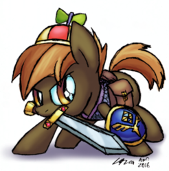 Size: 880x895 | Tagged: safe, artist:cazra, button mash, earth pony, g4, colt, foal, hat, male, mouth hold, propeller hat, shield, simple background, solo, sword, weapon, white background