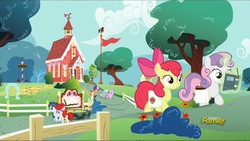 Size: 2048x1153 | Tagged: safe, screencap, apple bloom, diamond tiara, scootaloo, shady daze, silver spoon, sweetie belle, twist, earth pony, pony, g4, the cart before the ponies, bow, cloud, colt, female, fence, filly, foal, male, ponyville schoolhouse, reading, saddle bag, school, tree