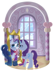 Size: 888x1188 | Tagged: safe, artist:kittehkatbar, rarity, g4, boots, carousel boutique, clothes, magic, mirror, reflection, scarf, simple background, snow, snowfall, transparent background, winter