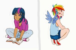 Size: 2860x1863 | Tagged: safe, artist:mmmenagerie, rainbow dash, twilight sparkle, human, g4, clothes, converse, dark skin, humanized, shoes, sneakers, winged humanization