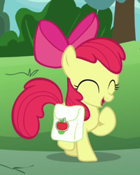 Size: 313x392 | Tagged: safe, screencap, apple bloom, earth pony, pony, g4, the cart before the ponies, adorabloom, bow, cute, eyes closed, female, filly, hair bow, open mouth, raised hoof, saddle bag, smiling, solo