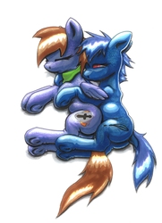 Size: 2448x3388 | Tagged: safe, artist:oddwarg, oc, oc only, oc:cool breeze, oc:razzaline reindell, earth pony, pegasus, pony, cuddling, high res, marker drawing, snuggling, spooning, traditional art