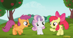 Size: 969x504 | Tagged: safe, screencap, apple bloom, scootaloo, sweetie belle, earth pony, pegasus, pony, unicorn, g4, the cart before the ponies, animated, best friends, cute, cutie mark, cutie mark crusaders, discovery family, discovery family logo, eyes closed, female, filly, foal, gif, hoofbump, logo, open mouth, open smile, smiling, spread wings, the cmc's cutie marks, tree, wings