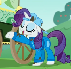 Size: 606x595 | Tagged: safe, screencap, rarity, pony, g4, the cart before the ponies, clothes, cropped, female, hat, jumpsuit, mare, mechanic coveralls, solo