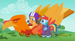 Size: 1377x762 | Tagged: safe, screencap, rainbow dash, scootaloo, phoenix, pony, g4, the cart before the ponies