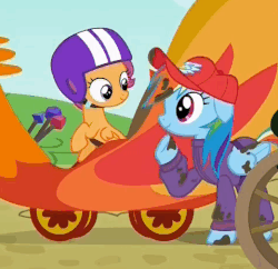 Size: 479x463 | Tagged: safe, screencap, rainbow dash, scootaloo, pony, g4, the cart before the ponies, animated, clothes, female, hoofbump, jumpsuit, loop, mechanic coveralls, scootalove