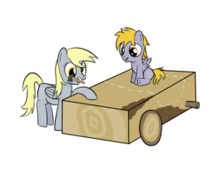 Size: 1000x800 | Tagged: safe, artist:mightyshockwave, crackle pop, derpy hooves, pegasus, pony, g4, the cart before the ponies, cart, cute, female, foal, mare, woodcrafting, woodshop