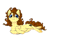 Size: 550x400 | Tagged: safe, artist:verandure, oc, oc only, oc:heartbreak, earth pony, pony, animated, blinking, blue eyes, branding, exclamation point, female, flash, heart, human in equestria, human to pony, lying, lying down, male to female, mare, messy mane, my little heartbreak, on side, post-transformation, rule 63, solo, talking