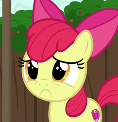 Size: 464x478 | Tagged: safe, screencap, apple bloom, earth pony, pony, g4, the cart before the ponies, :c, cutie mark, female, filly, foal, sad, solo, the cmc's cutie marks