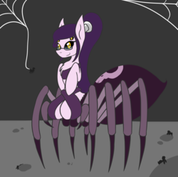 Size: 1450x1447 | Tagged: safe, artist:metalaura, oc, oc only, monster pony, original species, spider, spiderpony, big breasts, big crotchboobs, black sclera, breasts, cave, cleavage, clothes, crotchboobs, female, fluffy, huge breasts, huge crotchboobs, impossibly large crotchboobs, legs, looking at you, monster, open mouth, ponytail, skull, smiling, solo, spider web