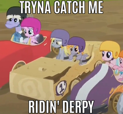 Size: 583x540 | Tagged: safe, screencap, crackle pop, derpy hooves, diamond tiara, randolph, g4, the cart before the ponies, caption, chamillionaire, image macro, meme, pun, ridin, song reference, text