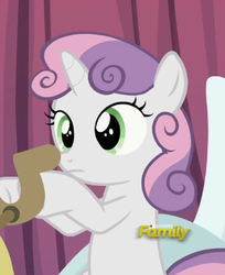 Size: 350x429 | Tagged: safe, screencap, sweetie belle, pony, g4, the cart before the ponies, discovery family logo, female, solo