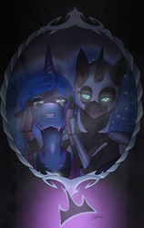 Size: 1024x1623 | Tagged: safe, artist:chiakitasso, nightmare moon, princess luna, anthro, g4, crying, dark, duality, duo, mirror, surreal