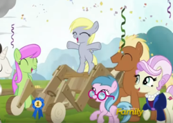Size: 791x563 | Tagged: safe, screencap, blue lily, derpy hooves, meadow song, medallion gold, merry may, rosetta, earth pony, pegasus, pony, unicorn, g4, the cart before the ponies, background pony, bipedal, blue ribbon, cheering, confetti, cropped, cute, discovery family logo, female, filly, filly derpy, glasses, male, mare, stallion, streamers