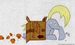 Size: 1775x1068 | Tagged: safe, artist:cynos-zilla, derpy hooves, pegasus, pony, g4, box, female, food, mare, muffin