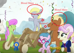 Size: 791x563 | Tagged: safe, edit, edited screencap, screencap, blue lily, derpy hooves, meadow song, medallion gold, merry may, rosetta, pegasus, pony, g4, the cart before the ponies, discovery family logo, female, filly, filly derpy, mare, misspelling, younger