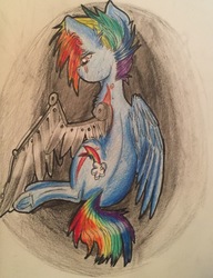 Size: 1838x2392 | Tagged: safe, artist:snowfoxythefox, rainbow dash, pegasus, pony, g4, the cutie re-mark, alternate hairstyle, alternate timeline, alternate universe, amputee, apocalypse dash, augmented, colored, colored pencil drawing, colored sketch, crystal war timeline, cut, female, mare, pencil, pencil drawing, prosthetic limb, prosthetic wing, prosthetics, scar, sitting, solo, torn ear, traditional art