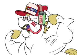Size: 1358x977 | Tagged: safe, artist:cowsrtasty, bulk biceps, g4, the cart before the ponies, alcohol, beer, cap, drinking hat, hat, male, nascar, scene interpretation, solo, the simpsons