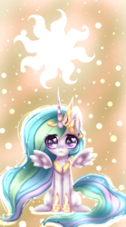 Size: 1000x1800 | Tagged: safe, artist:naciax3, princess celestia, g4, :3, chibi, female, looking at you, sitting, solo, spread wings