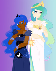 Size: 900x1138 | Tagged: safe, artist:mockingbyrd, princess celestia, princess luna, human, g4, dark skin, duo, duo female, female, humanized, royal sisters, siblings, sisters, watermark