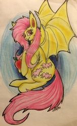 Size: 1905x3140 | Tagged: safe, artist:snowfoxythefox, fluttershy, bat pony, pony, bats!, g4, apple, chest fluff, colored, colored pencil drawing, colored sketch, ear fluff, fangs, female, flutterbat, food, pencil, pencil drawing, race swap, solo, traditional art