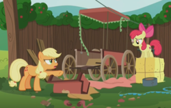 Size: 865x548 | Tagged: safe, screencap, apple bloom, applejack, g4, the cart before the ponies, cart, construction, cutie mark, mortice and tenon, the cmc's cutie marks