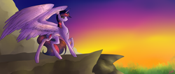 Size: 2834x1200 | Tagged: safe, artist:endidjprime, twilight sparkle, alicorn, pony, g4, cliff, female, large wings, solo, spread wings, sunset, twilight (astronomy), twilight sparkle (alicorn)
