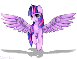 Size: 3000x2300 | Tagged: safe, artist:sinrinf, twilight sparkle, alicorn, pony, g4, female, flying, high res, simple background, solo, twilight sparkle (alicorn)
