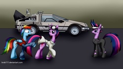 Size: 5120x2880 | Tagged: safe, artist:brab777, rainbow dash, twilight sparkle, g4, back to the future, crossover, delorean, future twilight, rainbow