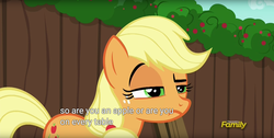 Size: 1920x970 | Tagged: safe, screencap, applejack, earth pony, pony, g4, the cart before the ponies, female, meme, raised eyebrow, solo, unconvinced applejack, youtube caption