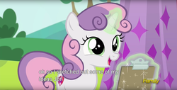 Size: 1920x975 | Tagged: safe, screencap, sweetie belle, g4, the cart before the ponies, cutie mark, female, levitation, magic, meme, solo, telekinesis, the cmc's cutie marks, youtube caption