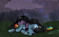 Size: 1280x800 | Tagged: safe, artist:ex626akakeon, artist:rizcifra, rainbow dash, oc, oc:skywind, pegasus, pony, g4, injured, protecting, rain