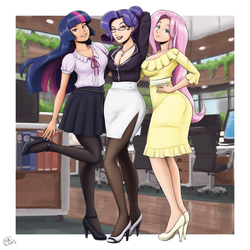 Size: 1925x1925 | Tagged: safe, artist:king-kakapo, artist:megasweet, fluttershy, rarity, twilight sparkle, human, beauty mark, breasts, busty fluttershy, busty rarity, clothes, collaboration, colored, dress, female, glasses, high heels, humanized, light skin, lipstick, multiple variants, office, office lady, pantyhose, pleated skirt, raised leg, shoes, side slit, skirt, trio, tube skirt