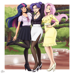 Size: 1925x1925 | Tagged: safe, artist:king-kakapo, artist:megasweet, fluttershy, rarity, twilight sparkle, human, g4, beauty mark, breasts, busty fluttershy, busty rarity, cleavage, clothes, collaboration, colored, dress, female, glasses, high heels, humanized, light skin, lipstick, multiple variants, office, pantyhose, pleated skirt, raised leg, shoes, side slit, skirt, trio, tube skirt