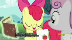 Size: 1281x720 | Tagged: safe, screencap, apple bloom, sweetie belle, earth pony, pony, g4, the cart before the ponies, meme, youtube, youtube caption
