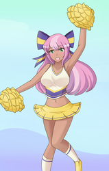 Size: 1280x2017 | Tagged: safe, artist:jonfawkes, cheerilee, human, g4, the cart before the ponies, armpits, belly button, big breasts, blushing, breasts, busty cheerilee, cheerileeder, cheerleader, clothes, female, hair bow, humanized, midriff, miniskirt, pleated skirt, pom pom, shoes, skirt, socks, solo