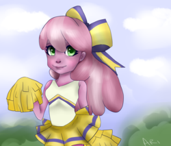 Size: 1024x871 | Tagged: dead source, safe, artist:ari090, cheerilee, equestria girls, g4, the cart before the ponies, cheerileeder, cheerleader, female, pom pom, sky, solo