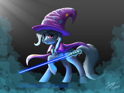 Size: 6000x4500 | Tagged: safe, artist:duskie-06, trixie, pony, unicorn, g4, absurd resolution, female, jedi, lightsaber, mare, nose wrinkle, signature, solo, star wars, weapon