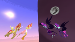 Size: 1024x576 | Tagged: safe, artist:iownu142, sci-twi, sunset shimmer, twilight sparkle, human, pony, equestria girls, g4, 3d, contrast, day, daydream shimmer, equestria girls ponified, full moon, human ponidox, mare in the moon, midnight sparkle, moon, night, ponified, source filmmaker, sun, sunshine shimmer