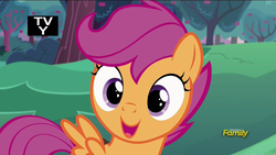 Size: 1920x1080 | Tagged: safe, screencap, scootaloo, pegasus, pony, g4, the cart before the ponies, cute, cutealoo, discovery family logo, female, filly, open mouth, smiling, solo, spread wings, tv-y, wings