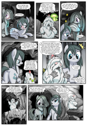 Size: 1331x1920 | Tagged: safe, artist:pencils, cloudy quartz, marble pie, oc, oc:hurgus, bushwoolie, earth pony, pony, comic:anon's pie adventure, g4, blushing, cave, comic, dock, female, glowing mushroom, loose hair, mare, mathematician's answer, pain star