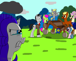 Size: 4460x3563 | Tagged: safe, artist:derpanater, blue lily, derpy hooves, meadow song, medallion gold, merry may, rarity, rosetta, pegasus, pony, g4, the cart before the ponies, cart, cloud, crying, female, filly, filly derpy, filly rarity, glasses, mare, rain, ribbon, scene interpretation, smiling, spoiler, younger