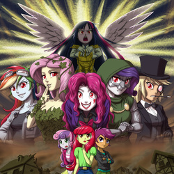 Size: 1200x1200 | Tagged: safe, artist:uotapo, idw, apple bloom, applejack, fluttershy, pinkie pie, rainbow dash, rarity, scootaloo, sweetie belle, twilight sparkle, human, equestria girls, g4, ponies of dark water, spoiler:comic, spoiler:comic43, spoiler:comic44, spoiler:comic45, breasts, busty fluttershy, clothes, colored pupils, cosplay, costume, cutie mark crusaders, dc comics, doctor doom, doctor doomity, female, kill la kill, mane six, marvel comics, pinkie joker, poison ivy, poison ivyshy, quicksilver (marvel), red eyes, satsuki kiryuin, scepter, supersonic rainbow dash, the joker, the penguin, twilight scepter, tyrant sparkle