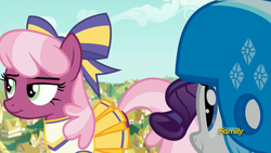 Size: 1918x1078 | Tagged: safe, screencap, cheerilee, rarity, earth pony, pony, g4, the cart before the ponies, cheerileeder, cheerleader, helmet, unamused