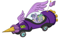 Size: 2000x1200 | Tagged: safe, artist:itstaylor-made, spike, twilight sparkle, alicorn, pony, g4, the cart before the ponies, cart, dick dastardly, eating, gem, grin, muttley, nom, puffy cheeks, simple background, smiling, smirk, the mean machine, transparent background, twilight sparkle (alicorn), wacky races, wings