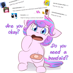 Size: 750x750 | Tagged: safe, artist:cosmalumi, princess flurry heart, g4, ask, bandaid, cute, dialogue, flurrybetes, flurryheart-babbles, looking at you, open mouth, simple background, solo, tumblr, weapons-grade cute, white background