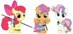 Size: 2146x1008 | Tagged: safe, artist:zacatron94, edit, apple bloom, scootaloo, sweetie belle, g4, archer, armor, arrow, bow (weapon), bow and arrow, cutie mark crusaders, fantasy class, knight, mage, warrior, weapon, wizard