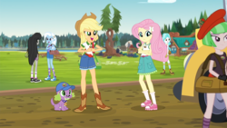 Size: 1280x720 | Tagged: safe, screencap, applejack, drama letter, fluttershy, octavia melody, paisley, spike, spike the regular dog, trixie, watermelody, dog, equestria girls, g4, my little pony equestria girls: legend of everfree, background human, camp everfree outfits, legs